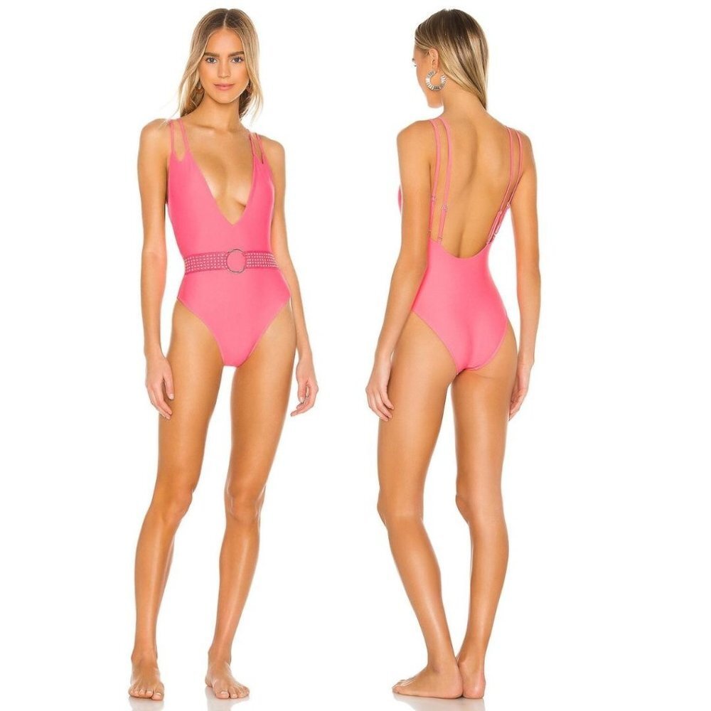 NWT ELLEJAY Coco One Piece Swimsuit Deep‎ V-Neck with Metallic Ring Belt Pink M